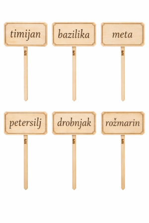 Leseni vrtni označevalci za zelišča – set 6 graviranih označevalcev 2MPK