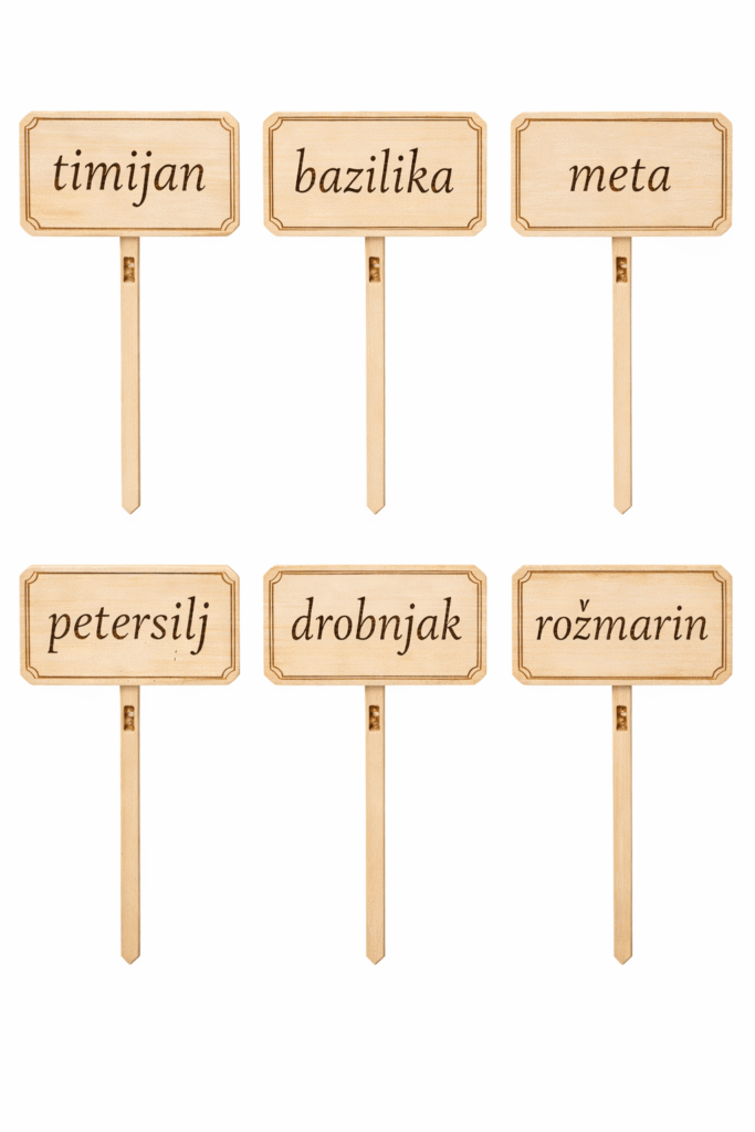 Leseni vrtni označevalci za zelišča – set 6 graviranih označevalcev 2MPK