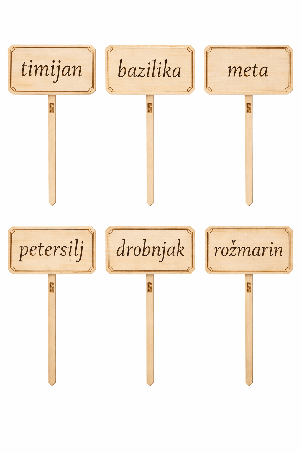 Leseni vrtni označevalci za zelišča – set 6 graviranih označevalcev 2MPK