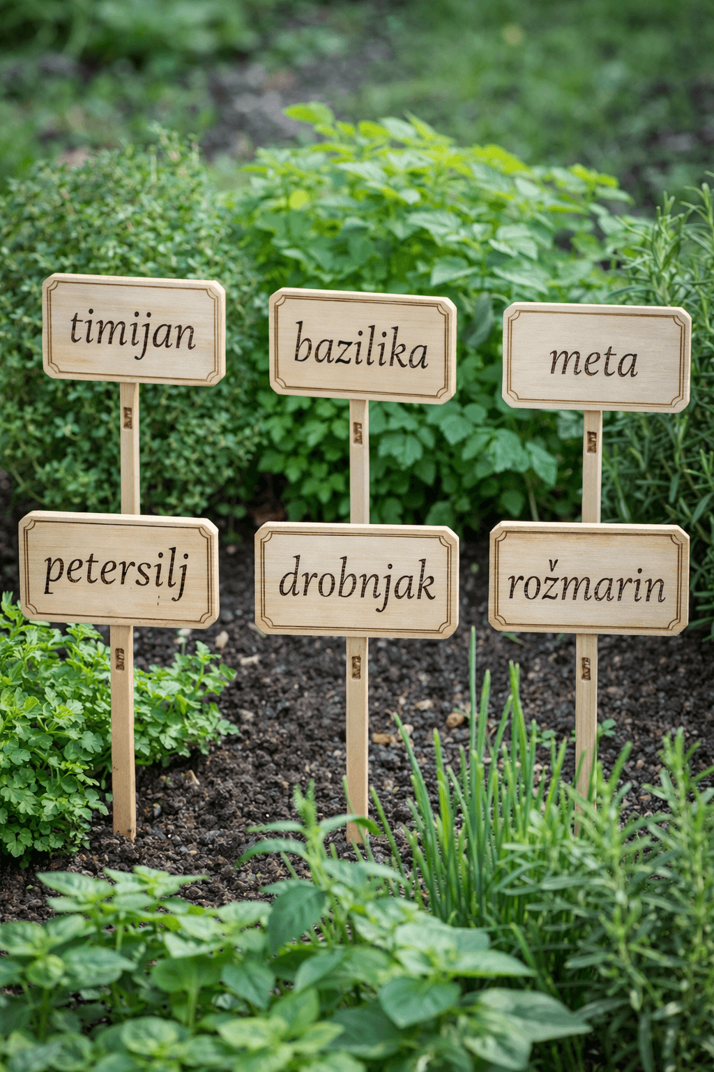 Leseni vrtni označevalci za zelišča – set 6 graviranih označevalcev 2MPK